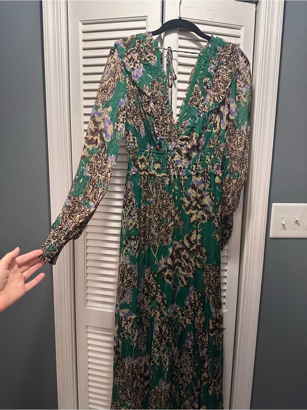 Anthropologie Green Floral V-Neck Maxi Dress